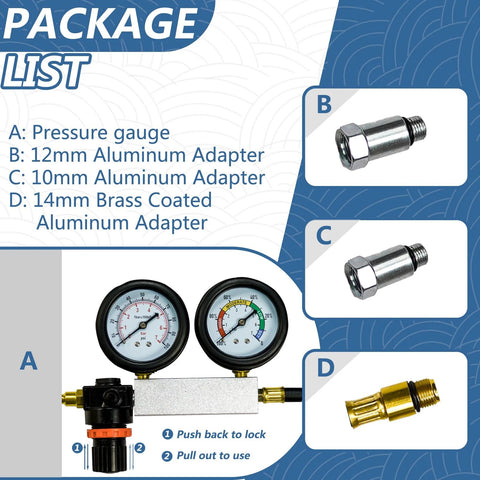 Leak-down tester kit with dual gauges; includes three adapters: 12mm/10mm aluminum and 14mm brass-coated adapters.