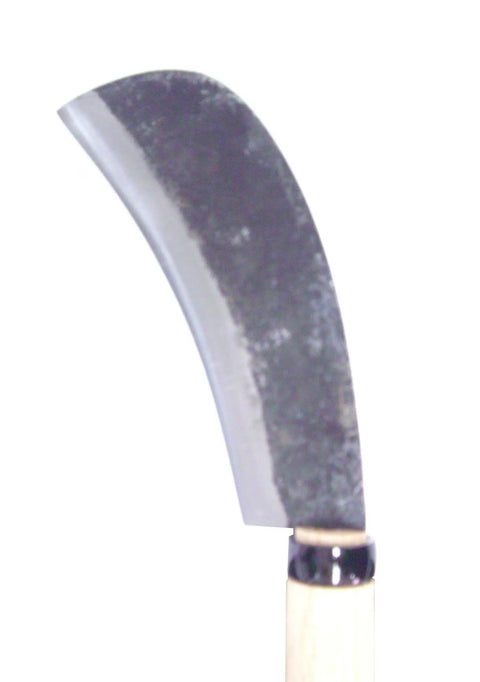 Curved bladed knife tool with wooden handle