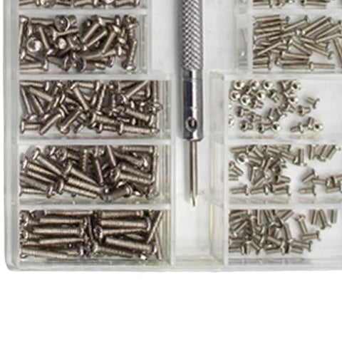Heavy Duty Stainless Steel Micro Screws Set With Slick Compact Organizer Box showing assorted screws and a screwdriver in compartments.