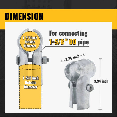 Diagram showing dimensions of End Rail Clamps For 1-5/8 Inch Pipe Panel T Connector Chain Link Fittings Tough As Nails Galvanized Steel.