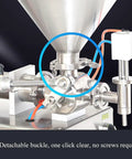 Top Notch Pneumatic Liquid Filling Machine With 30 Liter Hopper And Single Nozzle Piston Head showing detachable buckle and stainless steel connection
