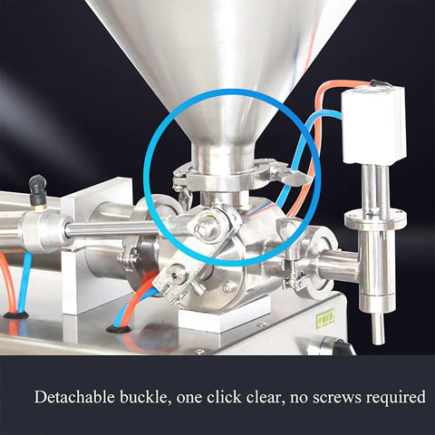 Top Notch Pneumatic Liquid Filling Machine With 30 Liter Hopper And Single Nozzle Piston Head showing detachable buckle and stainless steel connection