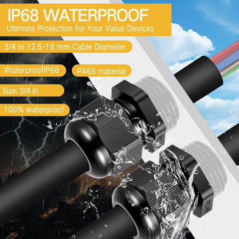 200 Pack Half Inch NPT Black Nylon Cable Glands IP68 Waterproof Adjustable Locknut For Cable Diameters Universal Fit Cord Grip Sealing Waterproof Connectors For Outdoor Industrial Use And Marine Applications Heavy Duty showing installed with water resistance feature
