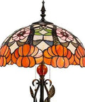 Tiffany Style Floor Lamp With Stained Glass Shade 70 Inch Tall Reading Lamp For Bedroom Or Living Room Cozy Vibe 16 Inch Shade Bronze Resin Base Pull Chain. Pink and yellow floral glass detail.
