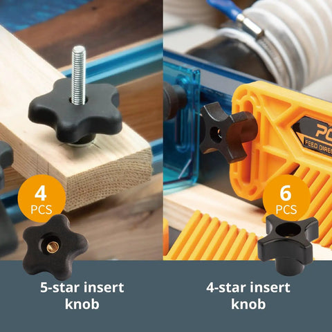 Close-up of 128 Piece T Track Knob Kit for Woodworking Jigs and Fixtures showing 5-star and 4-star insert knobs on wood and plastic.