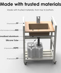 Ace Portable Sink With Electronic Faucet Self Contained Wash Station showing trusted materials like PP, ABS, aluminum, and dual water tanks.
