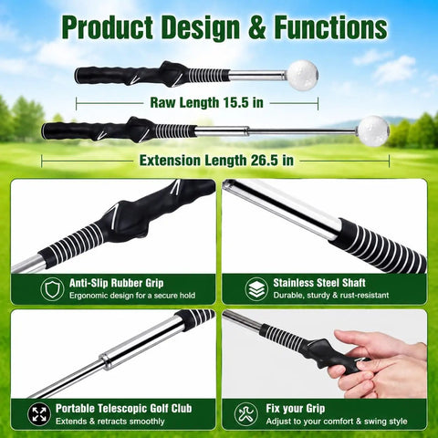 Pop Feedback Retractable Golf Swing Trainer With Click Timing Feedback And Tempo Stick with rubber grip and steel shaft