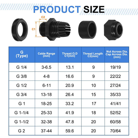 Size chart and components of 2 Pack G 2 Inch Nylon Cable Glands Waterproof Cord Grip Connectors For DIY Projects