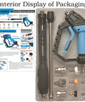 Adjustable High Power Pressure Washer Gun With Swivel Length Options 37, 24, and 10 Inches 2 Extension Wands 5 Nozzles 10 O Rings Thread Adapter Quick Connect 5000 PSI For Heavy Duty Cleaning packaging interior