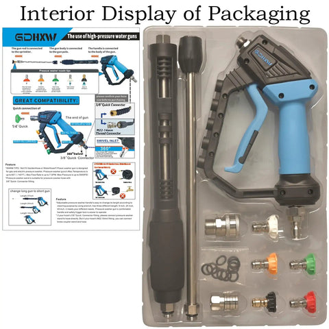 Adjustable High Power Pressure Washer Gun With Swivel Length Options 37, 24, and 10 Inches 2 Extension Wands 5 Nozzles 10 O Rings Thread Adapter Quick Connect 5000 PSI For Heavy Duty Cleaning packaging interior