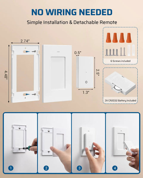Wireless Light Switch Kit With Remote, No In Wall Wiring Needed, programmable, includes installation components and remote control.