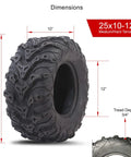 Mud Force ATV Tire Set 25x8-12 Front And 25x10-12 Rear, 6-Ply Heavy-Duty Bias Ply Off-Road Quad Tires, side view with dimensions