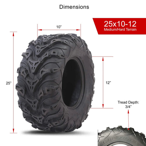 Mud Force ATV Tire Set 25x8-12 Front And 25x10-12 Rear, 6-Ply Heavy-Duty Bias Ply Off-Road Quad Tires, side view with dimensions