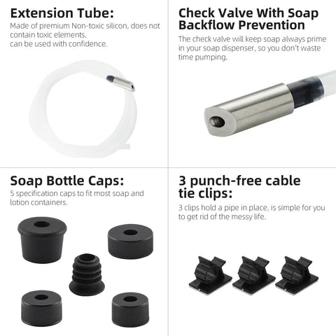 47 Inch Under Counter Sink Soap Dispenser Extension Tube Kit components including metal check valve and caps.
