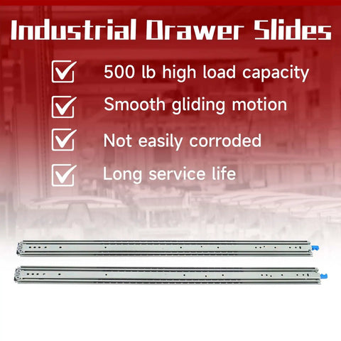 Beefy Heavy Duty 48 Inch Drawer Slides With 500 Lb Capacity Locking Full Extension Ball Bearing Rails For Tool Chests Workbenches Truck And RV Cabinets For Systems, pair of steel slides