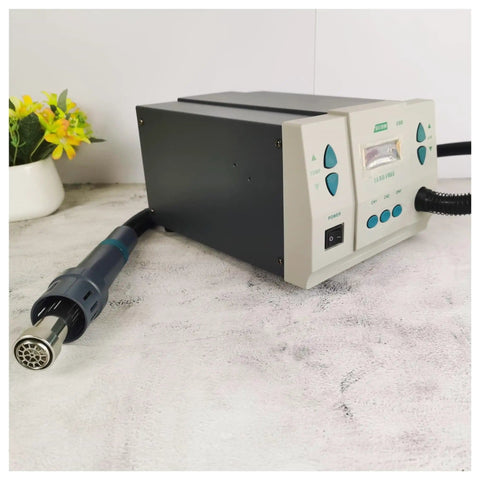 Front view of Powerful Pro-Grade 1000W Soldering And Hot Air Rework Station with digital temperature display on table.