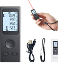 Compact Laser Distance Meter With Pythagorean Mode, 131 Ft Range, USB Charging, LCD Backlight, Area And Volume Measurement, Real Time Angle Display, Single And Continuous Readouts, Handy Tool For DIYers And Builders. Black handheld laser distance meter with USB cable