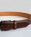 Mens Genuine Leather Belt Dress Casual Golf Jeans One And Three Eighths Inch Width Coffee Color Adjustable 42 44 Waist Durable Everyday Wear Belt For Work And Formal Outfits displayed flat with black buckle on white surface