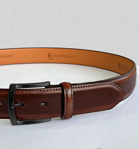 Mens Genuine Leather Belt Dress Casual Golf Jeans One And Three Eighths Inch Width Coffee Color Adjustable 42 44 Waist Durable Everyday Wear Belt For Work And Formal Outfits displayed flat with black buckle on white surface
