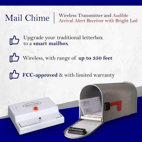 Mailbox Alarm For Delivered Mail Notification System With Wireless Transmitter And Receiver shown next to open mailbox