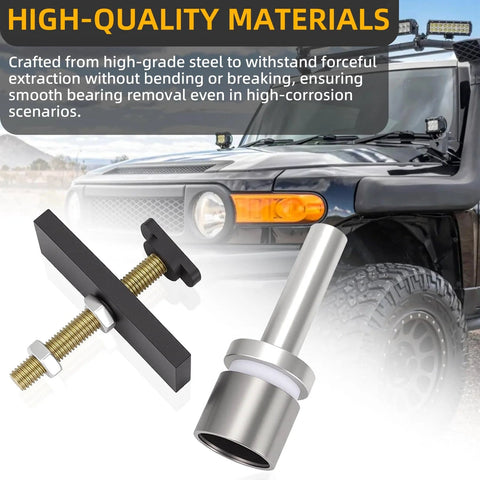 CV axle bearing puller tool kit with black bar and silver sleeve for Toyota 8-inch front differential; includes threaded bolts and nuts.