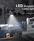 Heavy Duty Magnetic Work Light With Flexible Gooseneck And Adjustable Focus Pumping 1320 Lumens illuminating a lathe machine workspace.