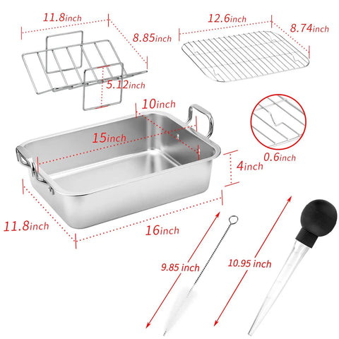 15 Inch Stainless Steel Roasting Pan With Cooling Rack For Juicy Turkey Chicken And Ham Roaster Includes V-Shaped Baking Rack And Nonreactive Metal For Healthy Cooking And Easy Cleanup with dimensions and accessories