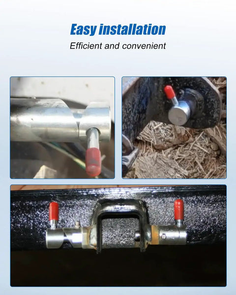 Badass 5/8 Inch Spring Loaded Twist Lock Plunger Pins 2 Pack For Tow Truck Stabilizer shown in three installation angles on rig.