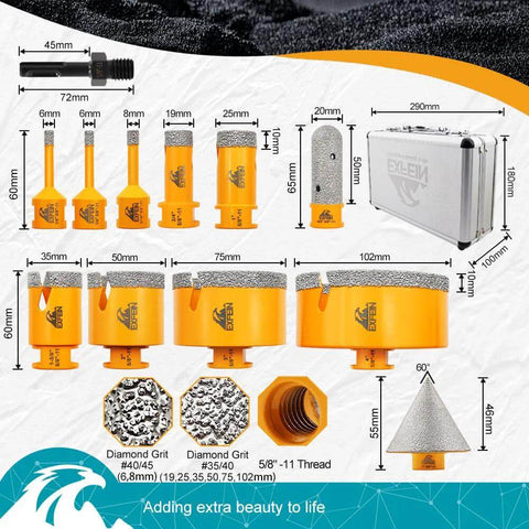 EXFEIN diamond tile hole saw kit, 12pc set with orange diamond core bits 6-102 mm, 20 mm finger bit, 50 mm chamfer bit, SDS adapter, carrying case