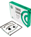 Timing chain kit components displayed with branded packaging box