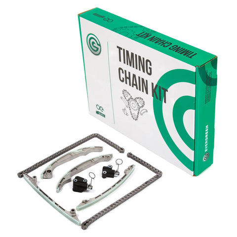 Timing chain kit components displayed with branded packaging box