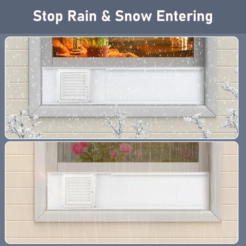 4 Inch Dryer Vent Window Kit With Louvered Cover and Adjustable Window Panels displayed with rain and snow.