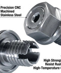 Grease Monkey Approved Oil Drain Plug Repair Kit For Stripped Threads M14.1 X 1.5-15 showing CNC machined stainless steel drain plug.