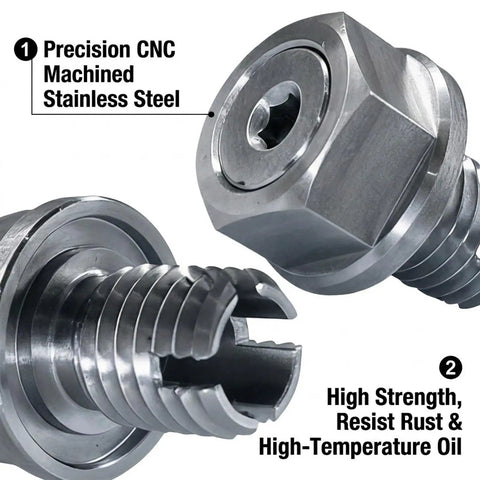 Grease Monkey Approved Oil Drain Plug Repair Kit For Stripped Threads M14.1 X 1.5-15 showing CNC machined stainless steel drain plug.