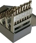 Pro Grade Short Length Drill Bit Set 26 Piece A Through Z Cobalt Steel With Gold Oxide Finish in open metal case
