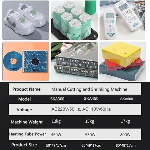 Manual Cutting and Shrinking Machine with adjustable power for efficient thermal packaging and sealing tasks.