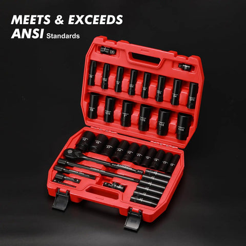 Half Inch Drive Master Impact Socket Set With 38 Piece Deep Sockets SAE From Three Eighths To One And A Quarter Inch And Metric Ten To Thirty Two Millimeter Includes Built Tough Heavy Duty Extension Bars Three Five Ten Inch Adapters And Ratchet Handle in red case