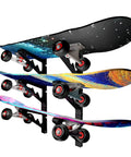 A Badass Skateboard Wall Mount Rack To Keep Your Boards Off The Floor With Adjustable Layers Grabbing Three Decks Securely featuring colorful decks.