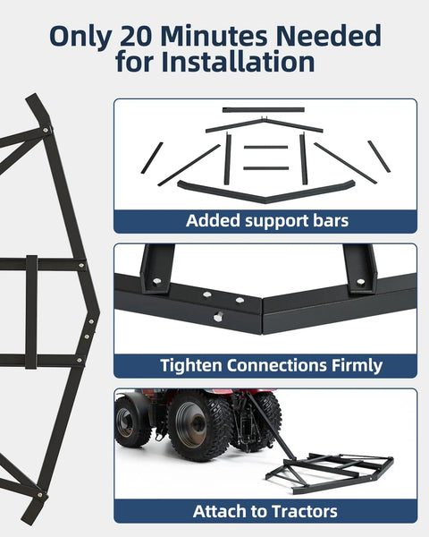 Beefy Heavy Duty Steel Driveway Drag Harrow 66 Inch Wide for ATV UTV, installation guide with support bars and tractor attachment