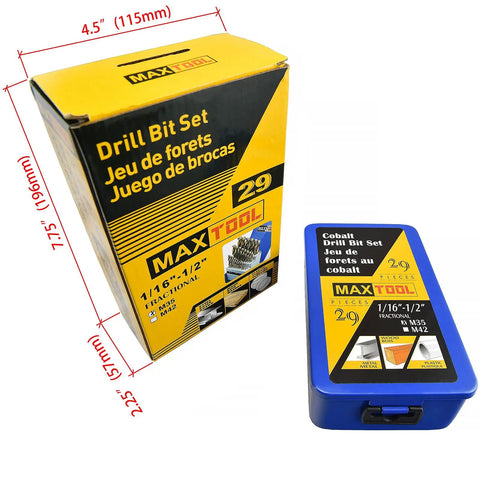 29 Piece Twist Drill Bit Set With Five Percent Cobalt M35 For Hardened Steel Cast Iron And Tough Metals Jobber Length Fully Ground Includes Sizes One Sixteenth To One Half Inch packaging box and case