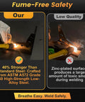 Image comparing weld quality using A572 grade 50 steel vs low-quality zinc-plated steel, emphasizing fume-free safety.