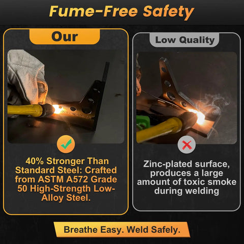 Image comparing weld quality using A572 grade 50 steel vs low-quality zinc-plated steel, emphasizing fume-free safety.