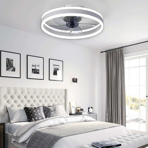 Modern Enclosed Ceiling Fan With Light White Finish 19.7 Inch Flush Mount Low Profile Fan Dimmable 3 Color LED 6 Speeds