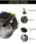 Detail view of Twelve Piece Heavy Duty Pro Grade Carbide TCT Hole Saw Kit With Titanium Plated Pilot Drill Bits, features labeled