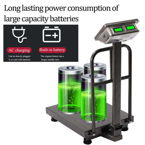 Heavy Duty 660 Pound Digital Platform Scale With Removable Guardrail For Floor Weighing Postal And Luggage Shipping Scale 90 Degree Fold Stainless Display And Buttons Easy Transport And Use with icons of AC charging and built-in battery.