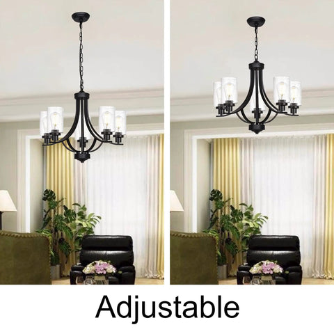 5 Lights Traditional Chandelier Black Farmhouse Pendant Ceiling Light Fixture With Seeded Glass Shades adjustable height in living room