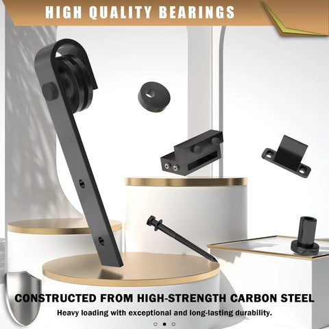 Heavy Duty Sliding Barn Door Hardware Kit With Upgraded Two Point Screw Fixation Modular Track System For A Single Door 30 To 36 Inches Quiet Smooth Sliding Easy To Install components on display, including rollers and brackets in high-strength carbon steel.