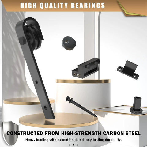 Hella Smooth Five Foot Sliding Barn Door Hardware Kit With Rock Solid Heavy Duty Track Rails And Easy Peasy Roller Wheels For Single Door Up To Thirty Inches Wide Zero Fuss Installation, showcasing durable carbon steel components.