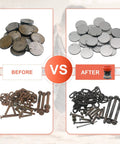 Comparison of metal parts before and after using Electric Five Pound Vibratory Tumbler For Deburring And Polishing Metal Parts With Walnut Shell Media, 120V 60Hz, Includes Tumbler Bowl And Media, Ideal For DIY Home Shop Finishing And Small Parts