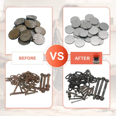 Comparison of metal parts before and after using Electric Five Pound Vibratory Tumbler For Deburring And Polishing Metal Parts With Walnut Shell Media, 120V 60Hz, Includes Tumbler Bowl And Media, Ideal For DIY Home Shop Finishing And Small Parts